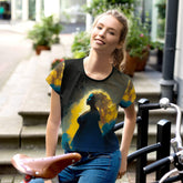 SurArt 66 colorful all-over print crop tee close-up.